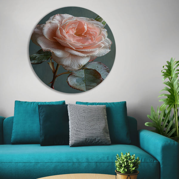 Roze Roos in Bloei met Dauwdruppels aluminium muurcirkel