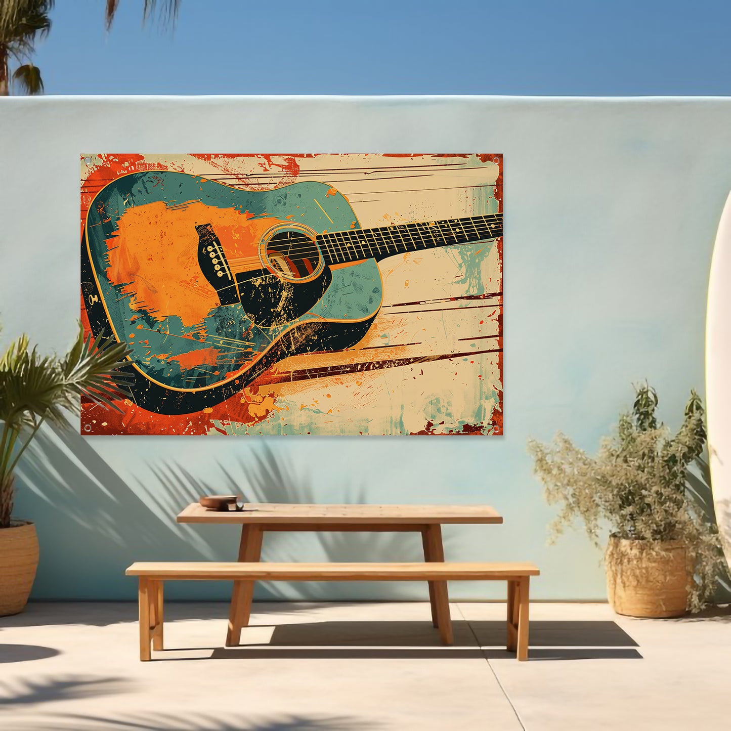Abstracte gitaar met dynamische verfspatten tuinposter