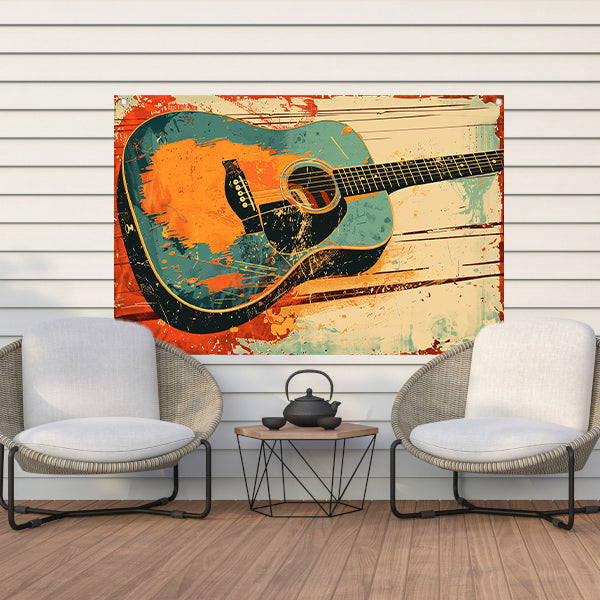 Abstracte gitaar met dynamische verfspatten tuinposter