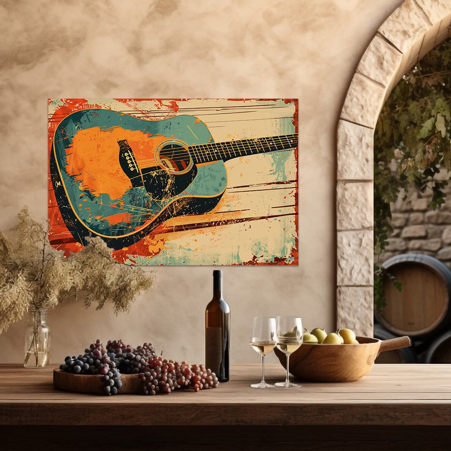 Abstracte gitaar met dynamische verfspatten tuinposter