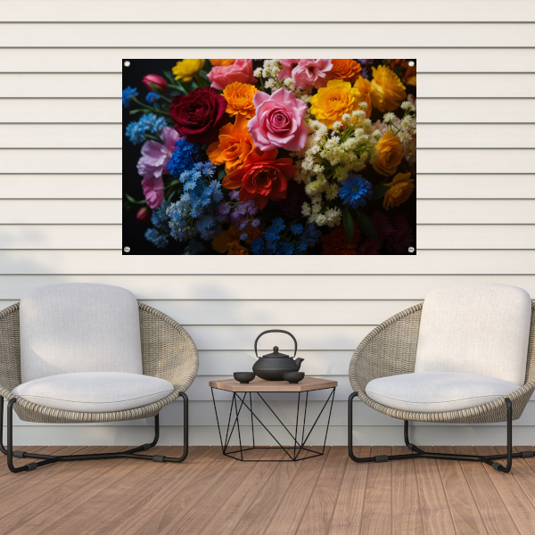 Prachtig Kleurrijk Bloemenarrangement op Zwart tuinposter
