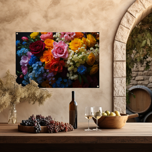 Prachtig Kleurrijk Bloemenarrangement op Zwart tuinposter