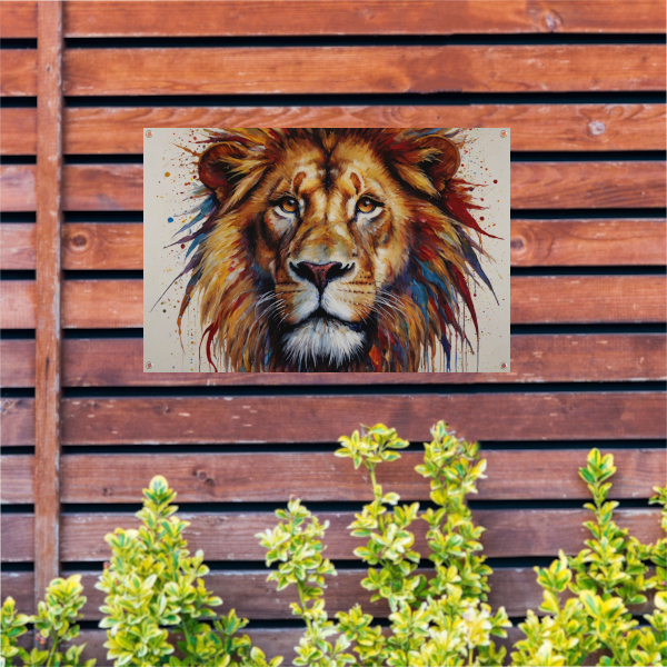 De Leeuw: Een Symfonie in Kleur en Kracht tuinposter