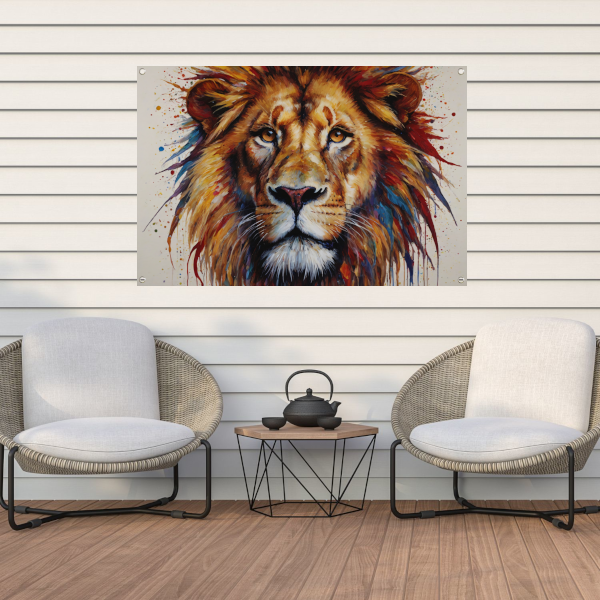 De Leeuw: Een Symfonie in Kleur en Kracht tuinposter