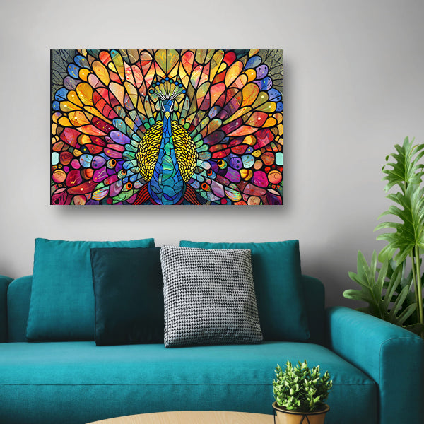 Pauw in kleurrijke glas-in-lood stijl canvas