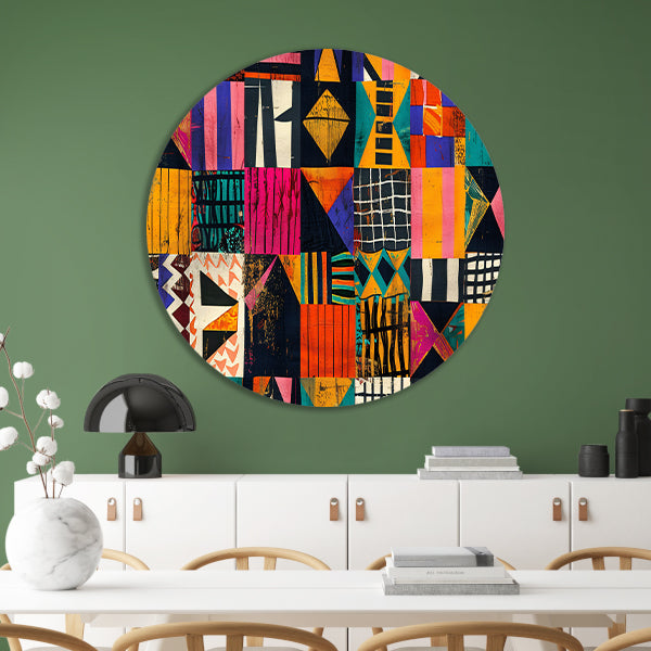 Abstract geometrisch kunstwerk in levendige kleuren aluminium muurcirkel