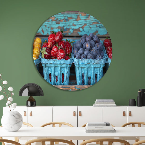 Kleurrijk fruitschaal met aardbeien en blauwe bessen aluminium muurcirkel