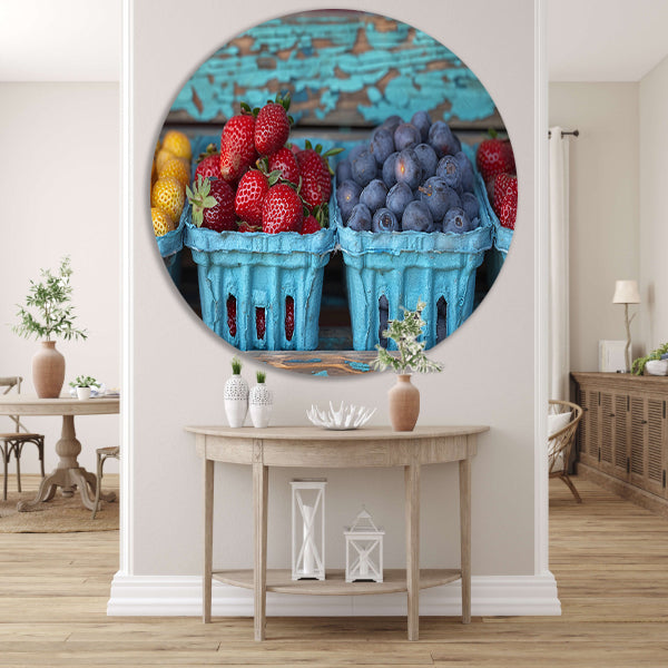 Kleurrijk fruitschaal met aardbeien en blauwe bessen aluminium muurcirkel