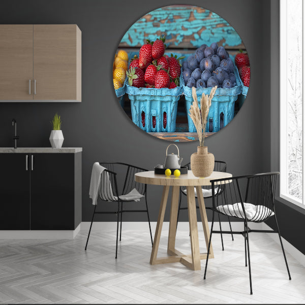 Kleurrijk fruitschaal met aardbeien en blauwe bessen aluminium muurcirkel