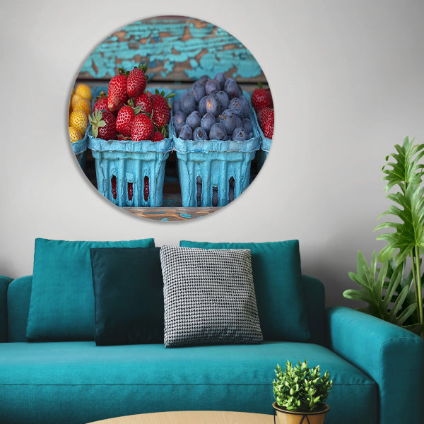 Kleurrijk fruitschaal met aardbeien en blauwe bessen aluminium muurcirkel