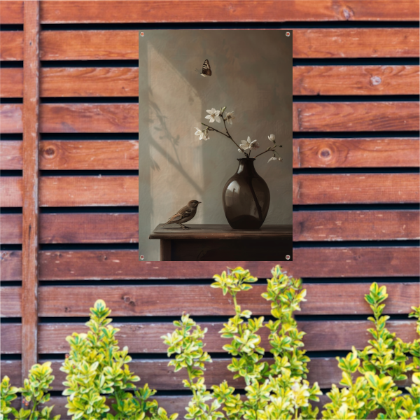Stilleven met Vogel en Witte Bloesem tuinposter