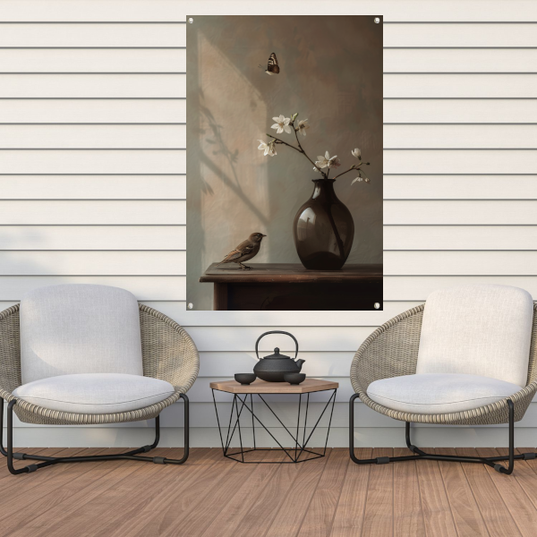 Stilleven met Vogel en Witte Bloesem tuinposter