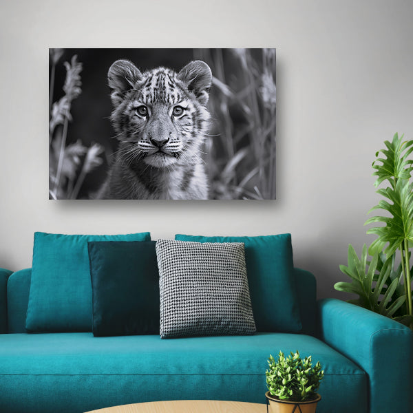 Zwart-wit foto van een jonge welp poster
