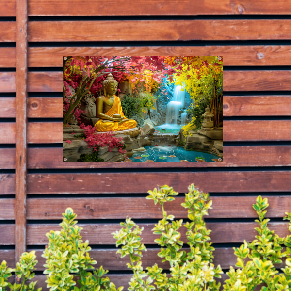 Meditatieve Boeddha in Herfstkleurige Oase tuinposter
