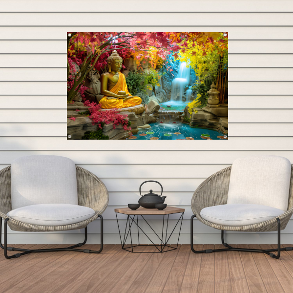 Meditatieve Boeddha in Herfstkleurige Oase tuinposter