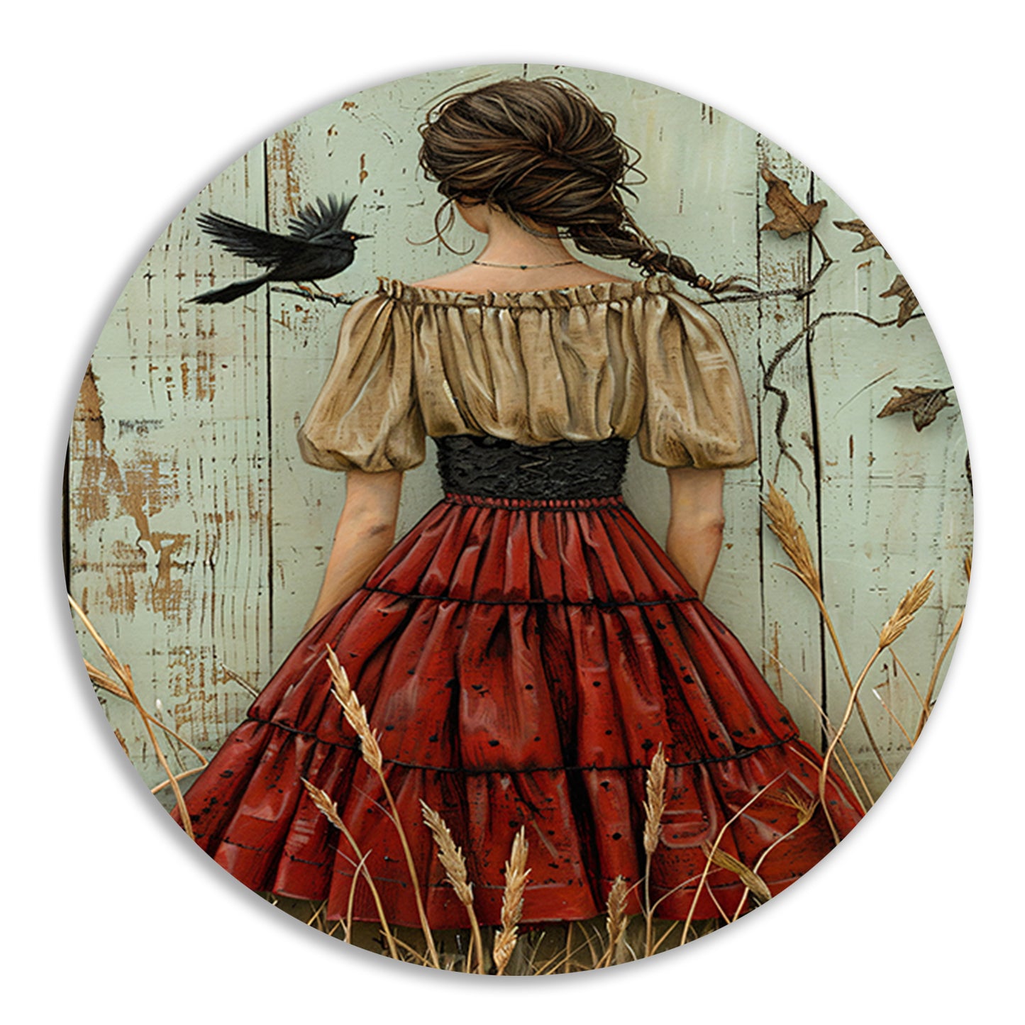 Meisje in veld met vogel aluminium muurcirkel