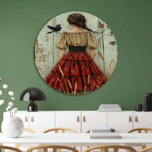 Meisje in veld met vogel aluminium muurcirkel