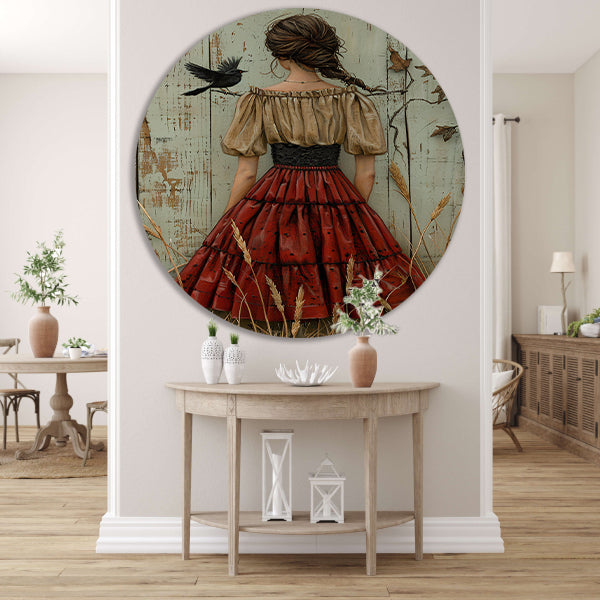 Meisje in veld met vogel aluminium muurcirkel