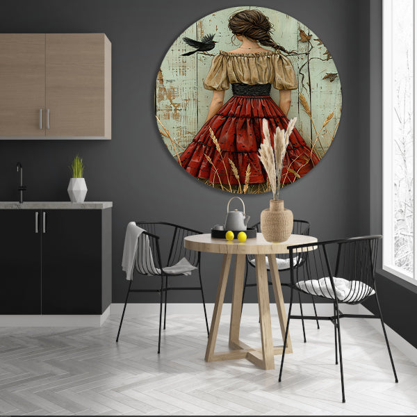 Meisje in veld met vogel aluminium muurcirkel
