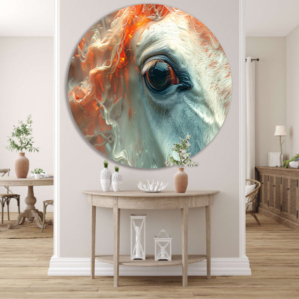 Oog omringd door vurige gloed aluminium muurcirkel