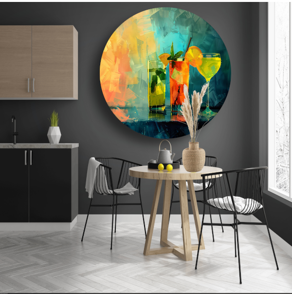Drie cocktails stilleven aluminium muurcirkel