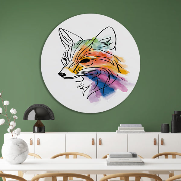 Abstracte waterkleur vos in lijnkunst aluminium muurcirkel