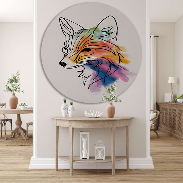 Abstracte waterkleur vos in lijnkunst aluminium muurcirkel