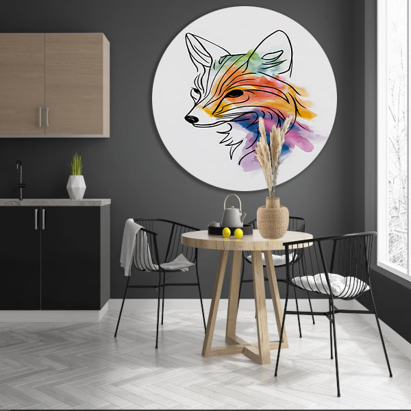 Abstracte waterkleur vos in lijnkunst aluminium muurcirkel