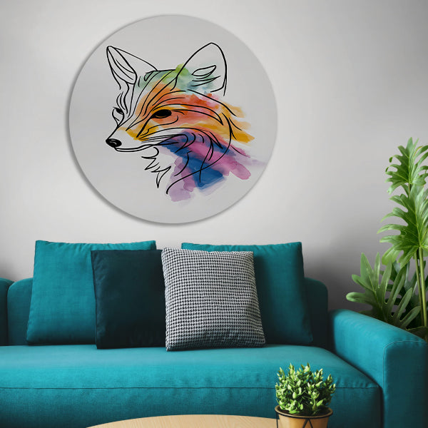 Abstracte waterkleur vos in lijnkunst aluminium muurcirkel