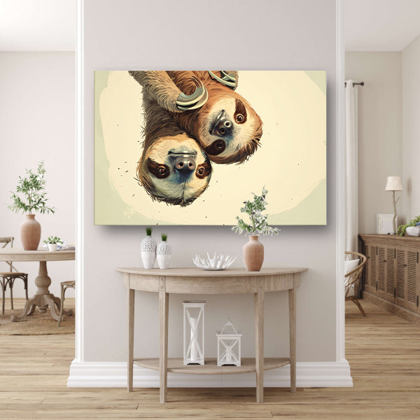 Schattige luiaards hangen ondersteboven samen   canvas
