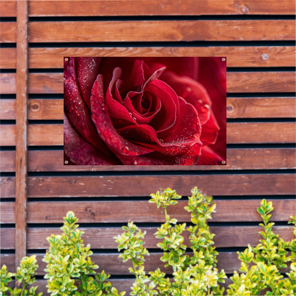 Rode roos met dauwdruppels close-up tuinposter