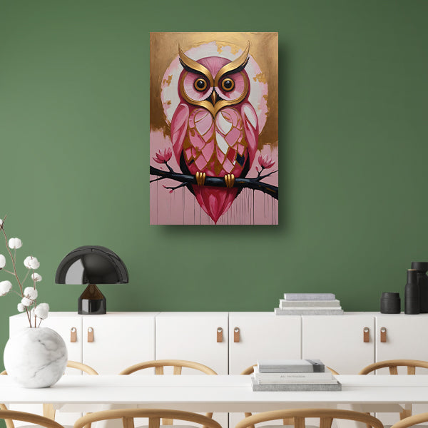 Uil met Gouden Achtergrond en Roze Veren canvas