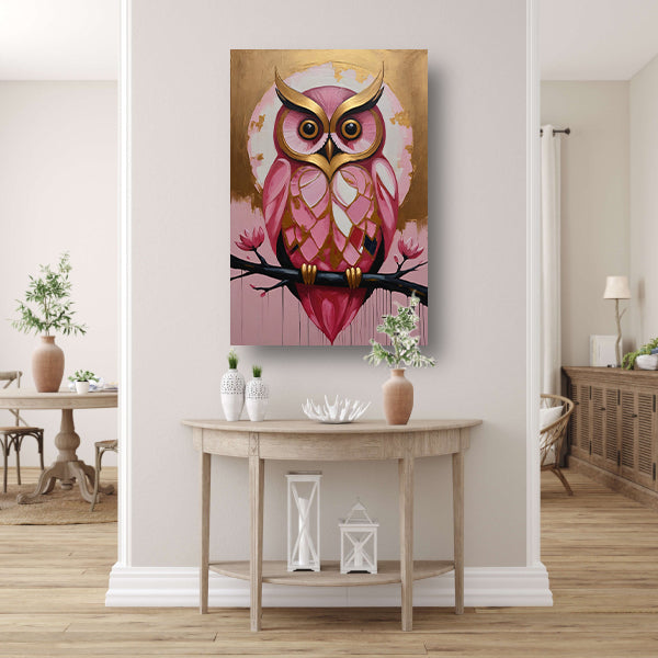 Uil met Gouden Achtergrond en Roze Veren canvas