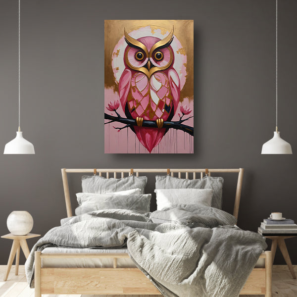 Uil met Gouden Achtergrond en Roze Veren canvas