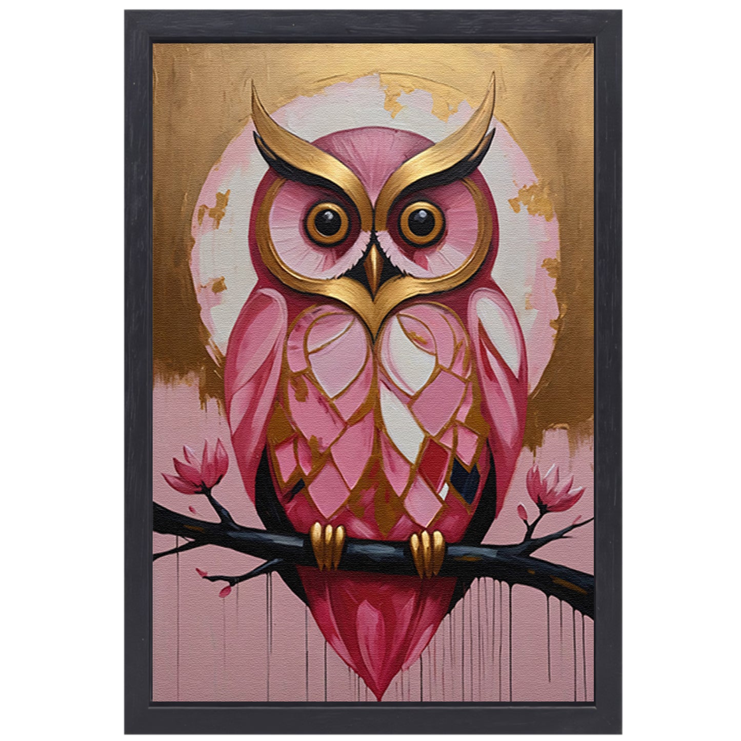 Uil met Gouden Achtergrond en Roze Veren canvas met baklijst