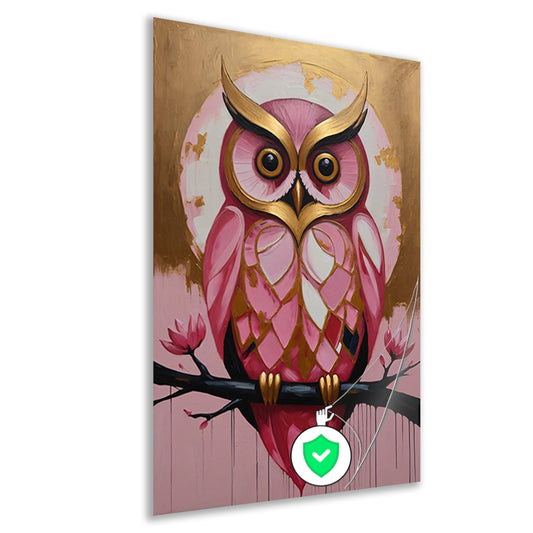 Uil met Gouden Achtergrond en Roze Veren poster