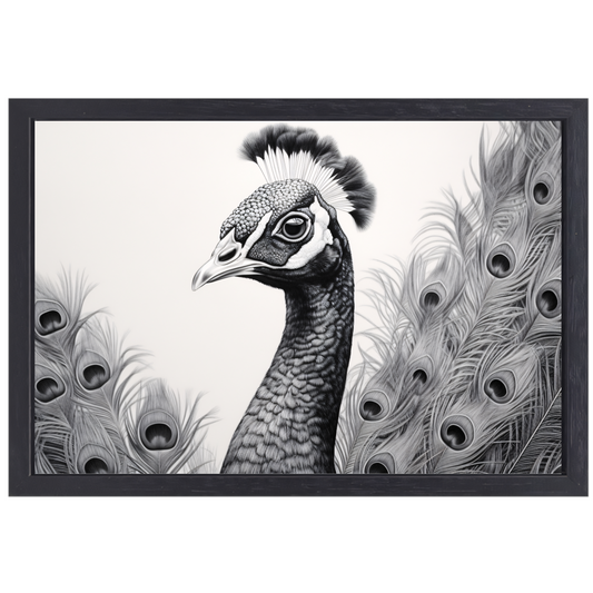 Zwart-witte pauw tekening canvas met baklijst
