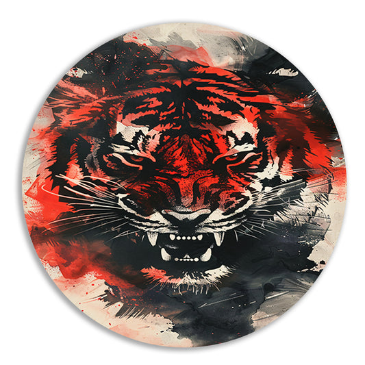 Dynamische abstracte tijger schilderij met felle kleuren aluminium muurcirkel