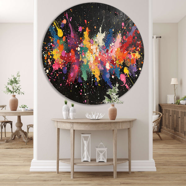 Abstract Verfexplosie op Zwart aluminium muurcirkel
