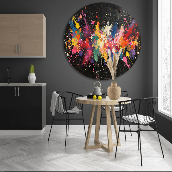 Abstract Verfexplosie op Zwart aluminium muurcirkel