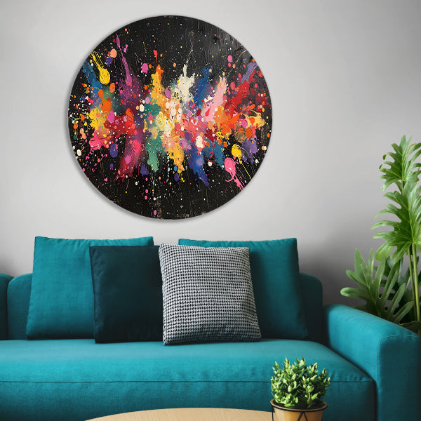Abstract Verfexplosie op Zwart aluminium muurcirkel