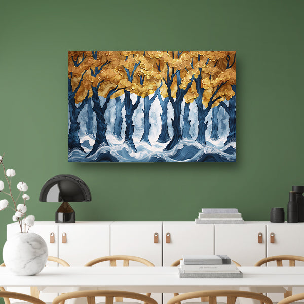 Surrealistisch bos met gouden bomen en water canvas met baklijst