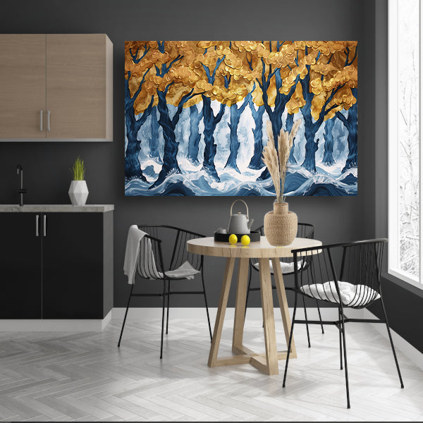 Surrealistisch bos met gouden bomen en water canvas met baklijst