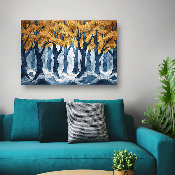 Surrealistisch bos met gouden bomen en water canvas met baklijst