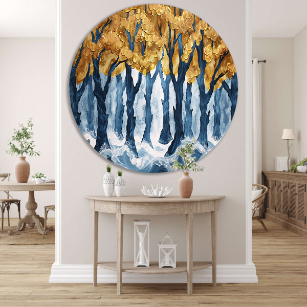 Surrealistisch bos met gouden bomen en water forex muurcirkel