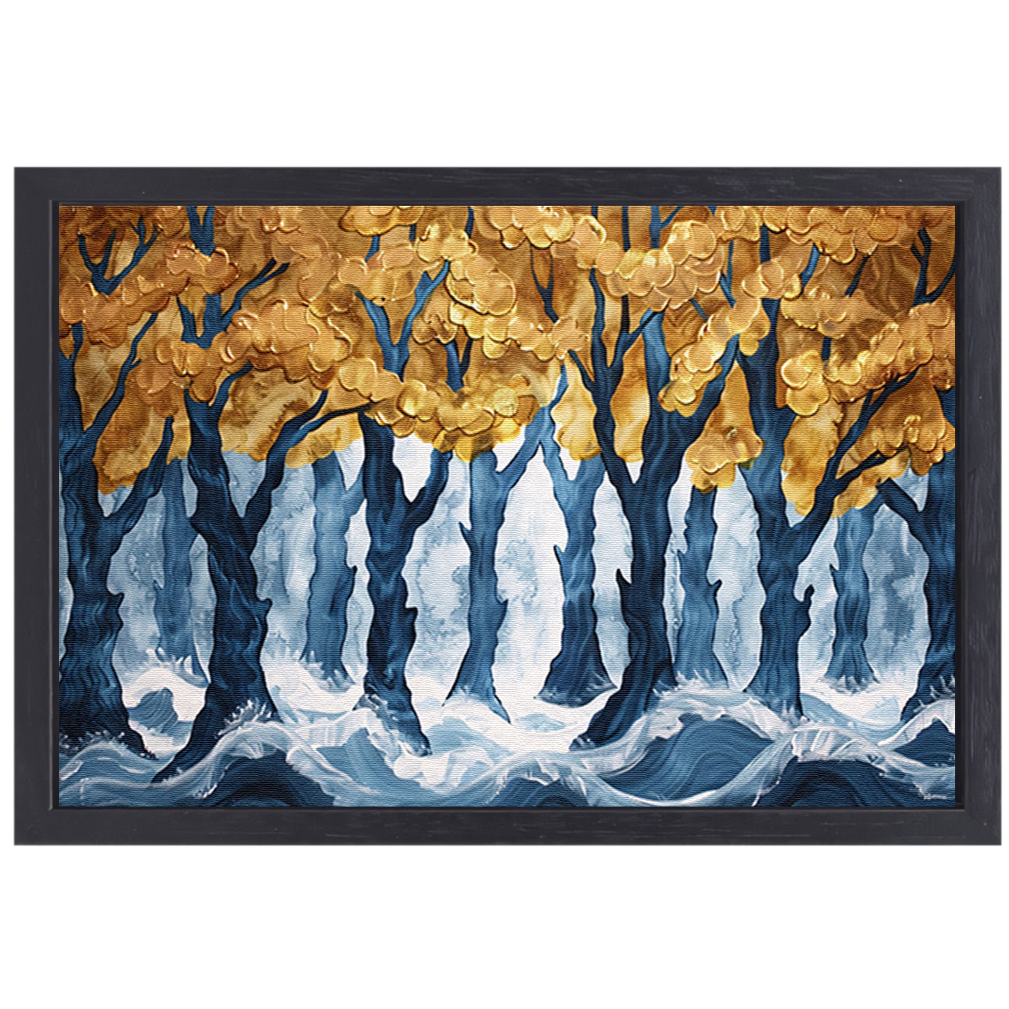 Surrealistisch bos met gouden bomen en water canvas met baklijst