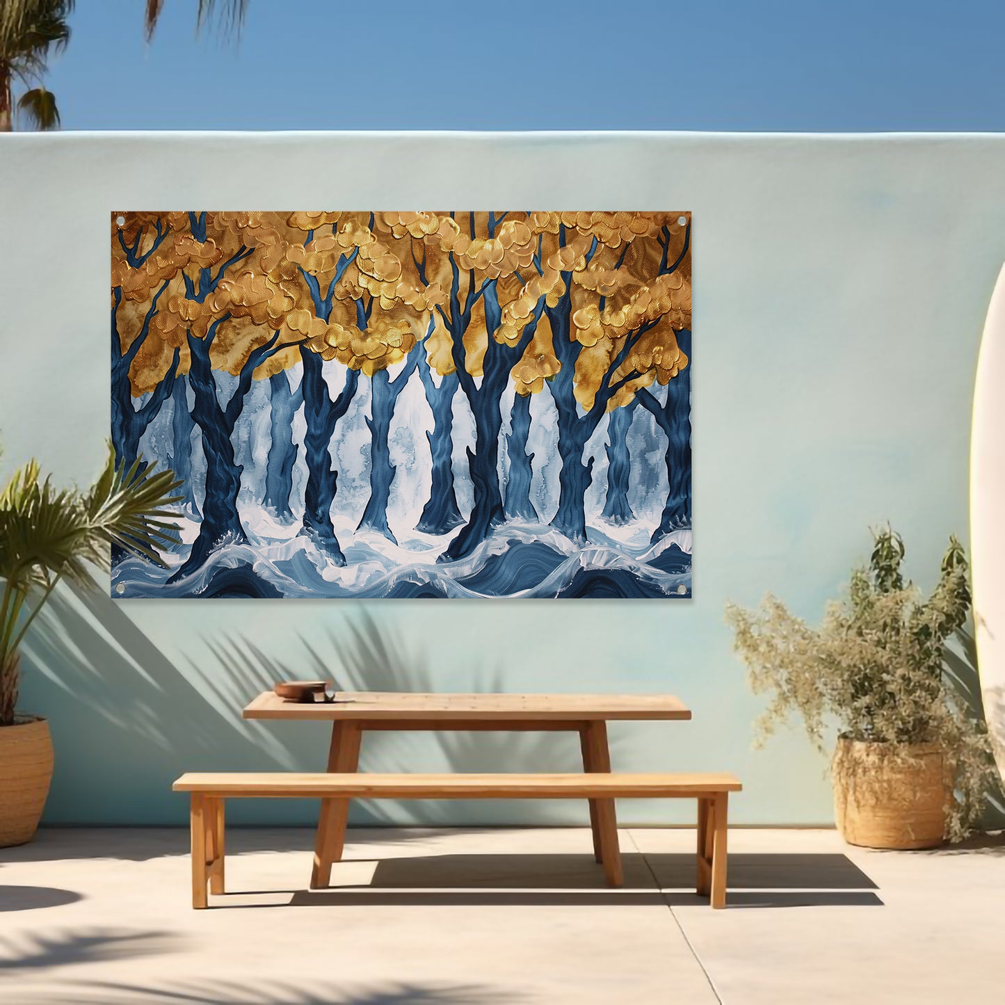 Surrealistisch bos met gouden bomen en water tuinposter