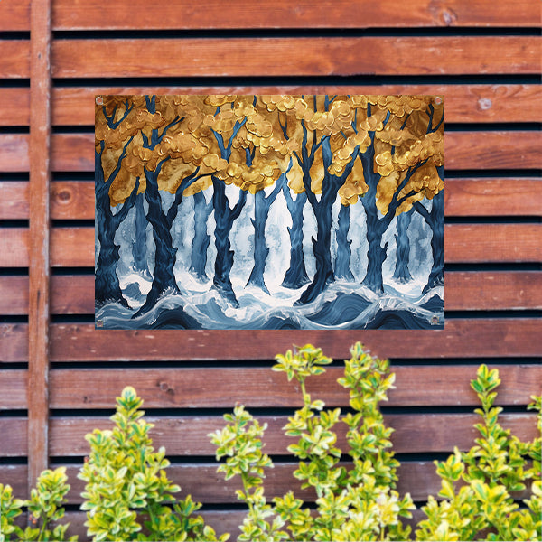 Surrealistisch bos met gouden bomen en water tuinposter