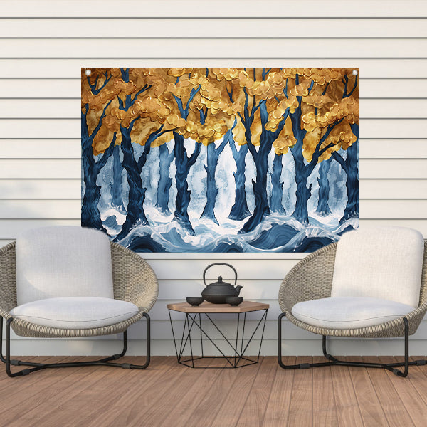 Surrealistisch bos met gouden bomen en water tuinposter