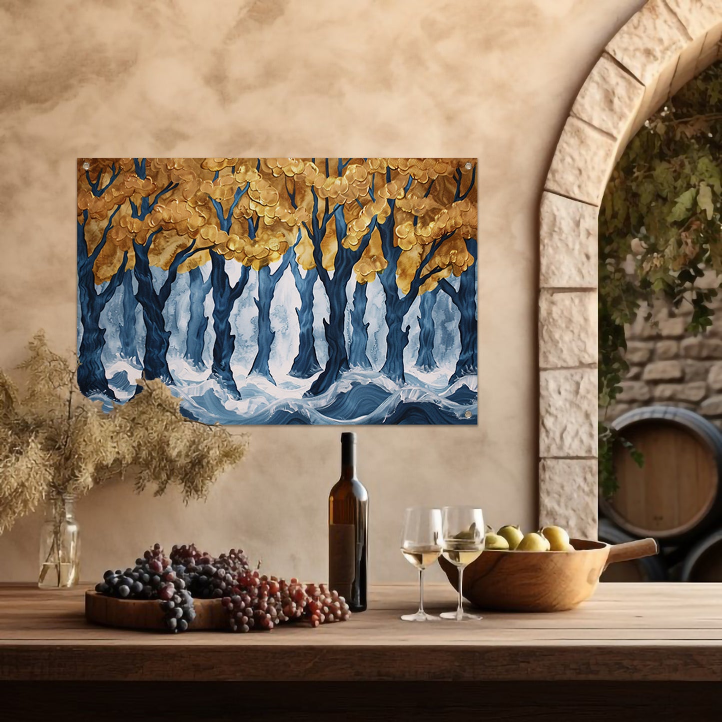 Surrealistisch bos met gouden bomen en water tuinposter